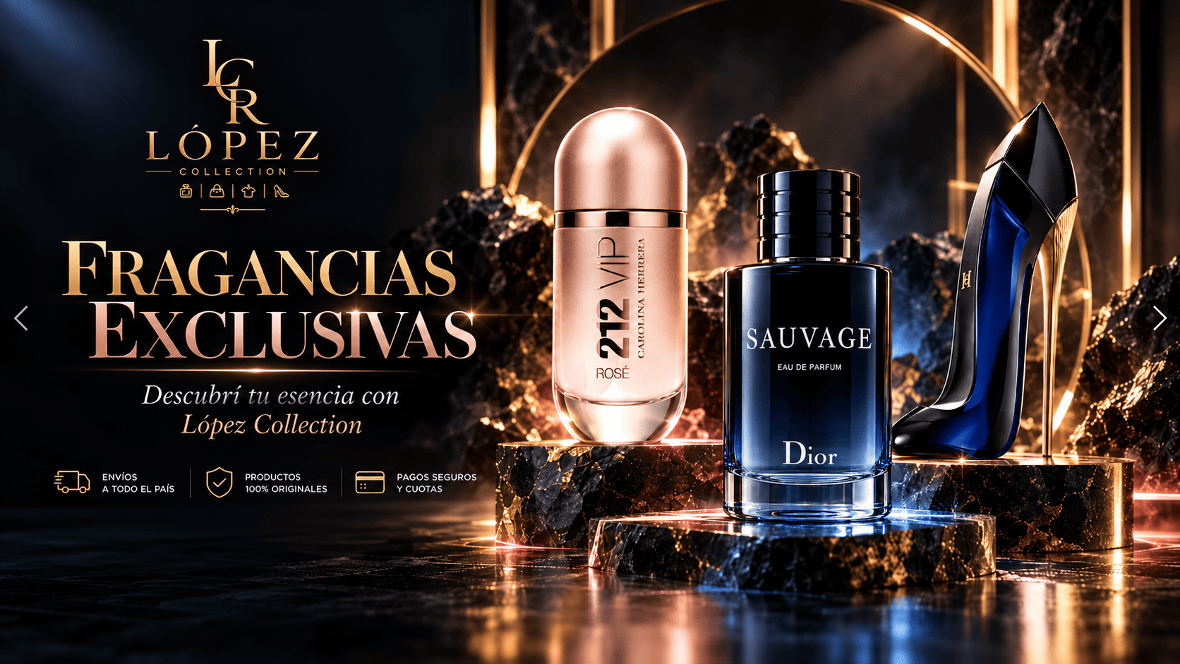 Fragancias exclusivas López Collection, colección en negro y dorado